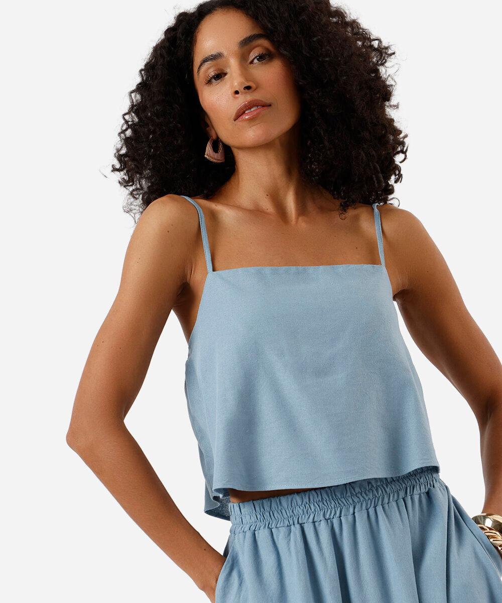 blusa cropped feminina alça fina com linho azul