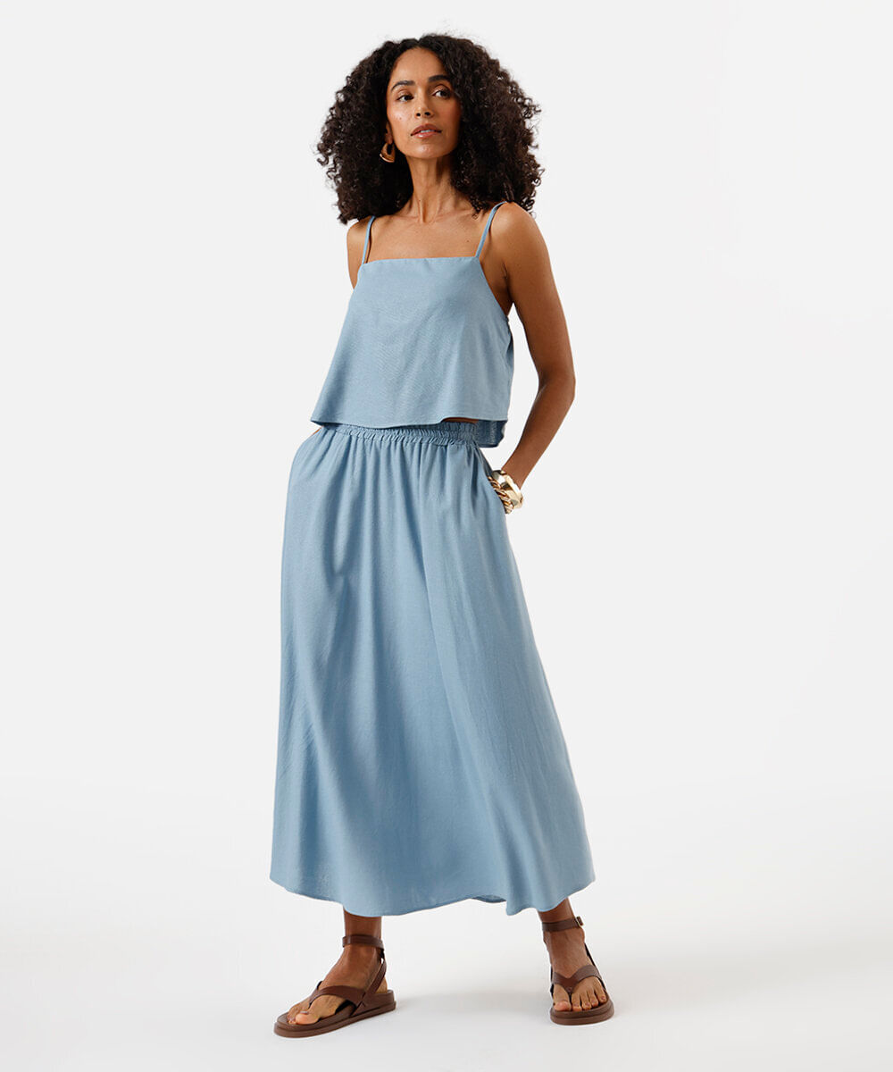 blusa cropped feminina alça fina com linho azul