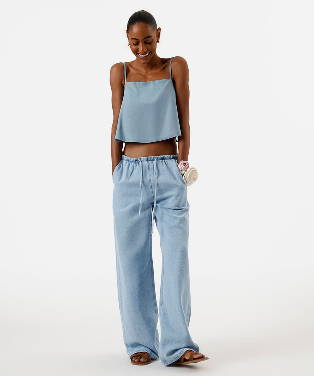 blusa cropped feminina alça fina com linho azul