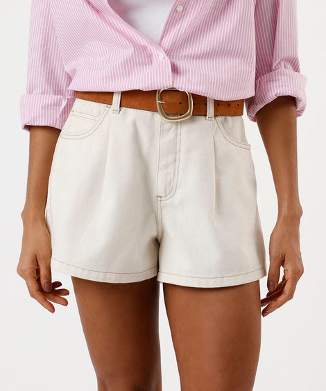 short feminino de sarja com pregas off white