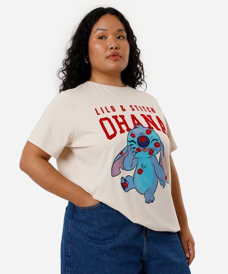 camiseta feminina de algodão stitch plus size bege