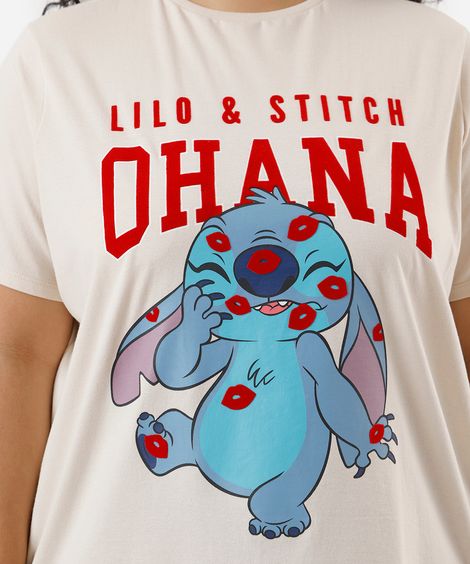 camiseta feminina de algodão stitch plus size bege