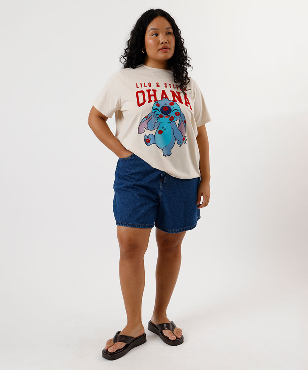 camiseta feminina de algodão stitch plus size bege