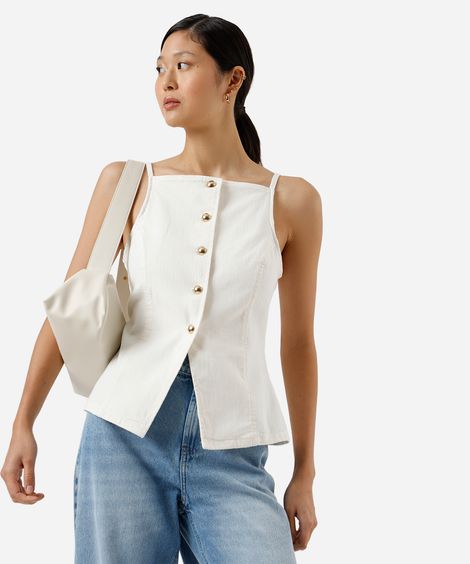colete feminino de sarja alça fina com recorte off white