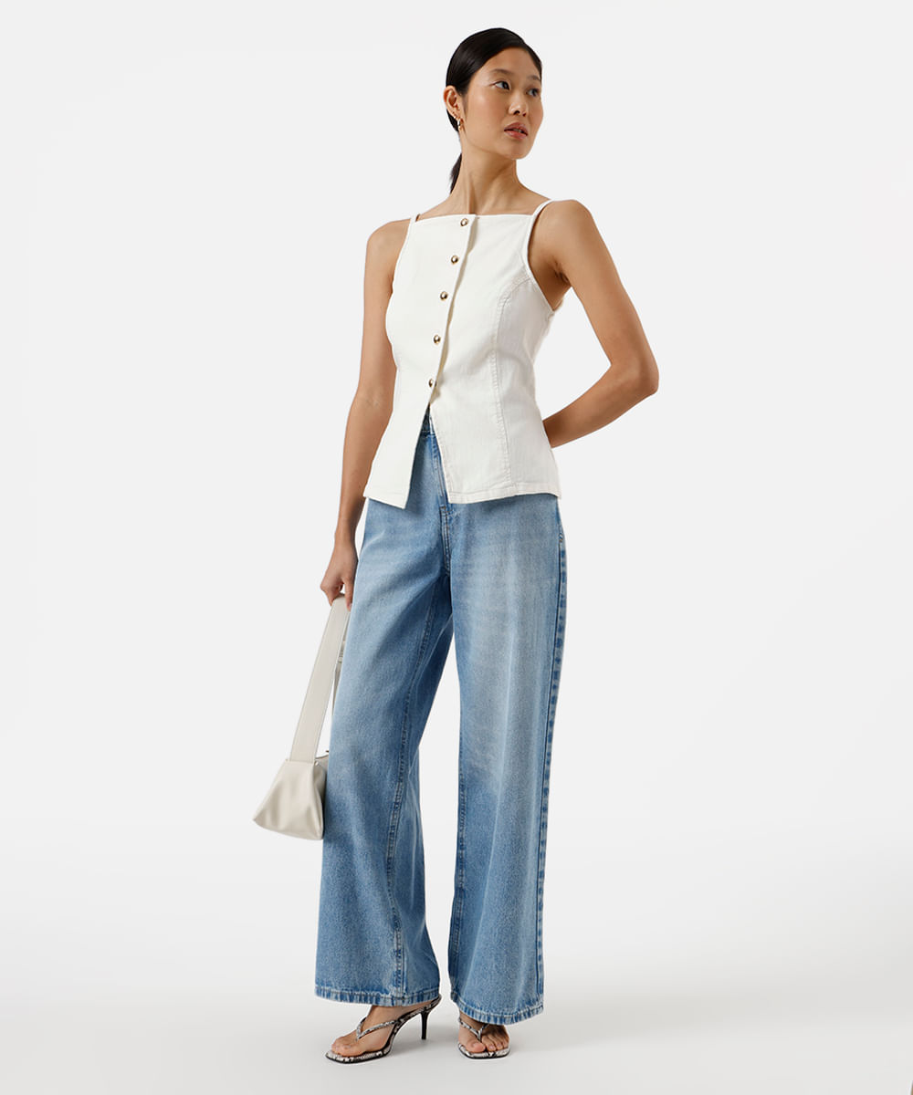 colete feminino de sarja alça fina com recorte off white