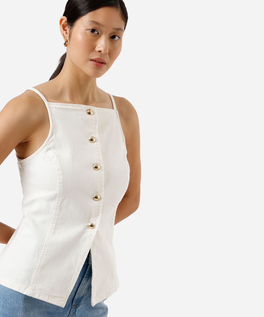 colete feminino de sarja alça fina com recorte off white