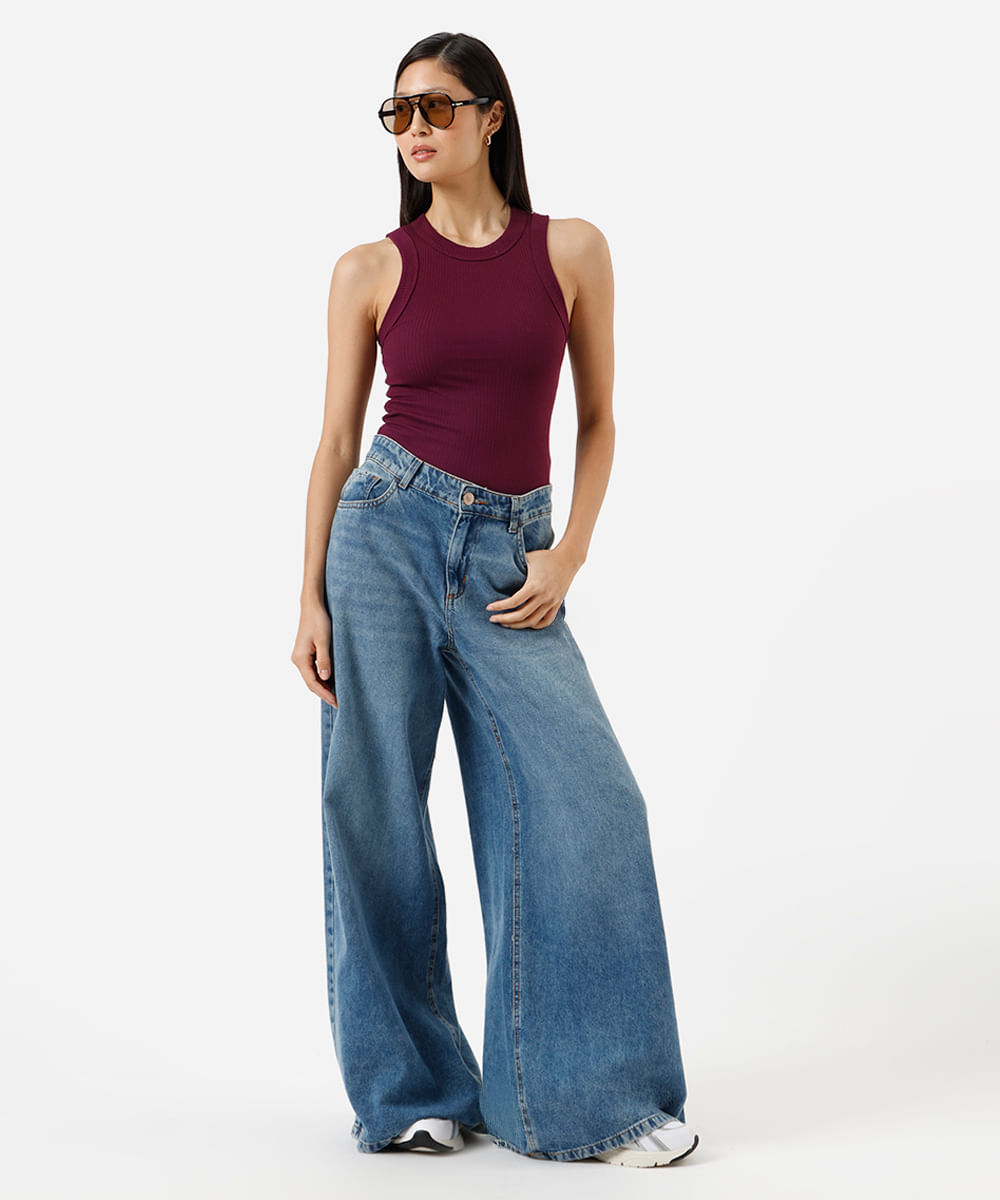 regata básica feminina de algodão canelada roxa