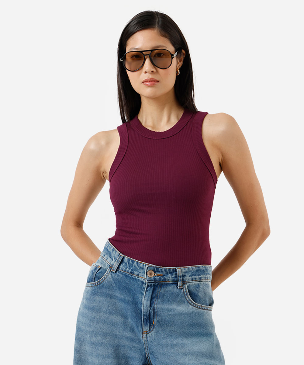 regata básica feminina de algodão canelada roxa