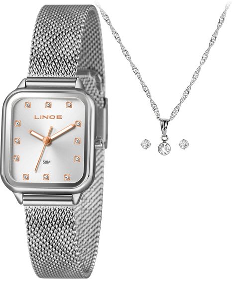 kit relógio feminino lince analógico lqmh253l26 kacws1sx prateado