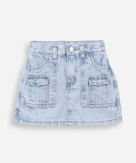 short saia infantil jeans com bolsos cargo azul