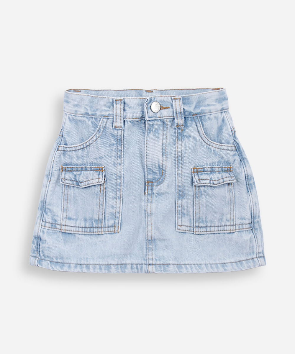 short saia infantil jeans com bolsos cargo azul
