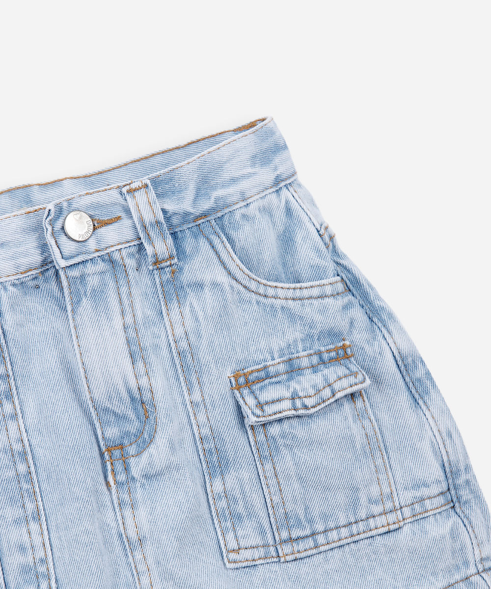 short saia infantil jeans com bolsos cargo azul
