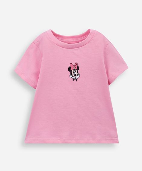 camiseta infantil de algodão bordado minnie rosa