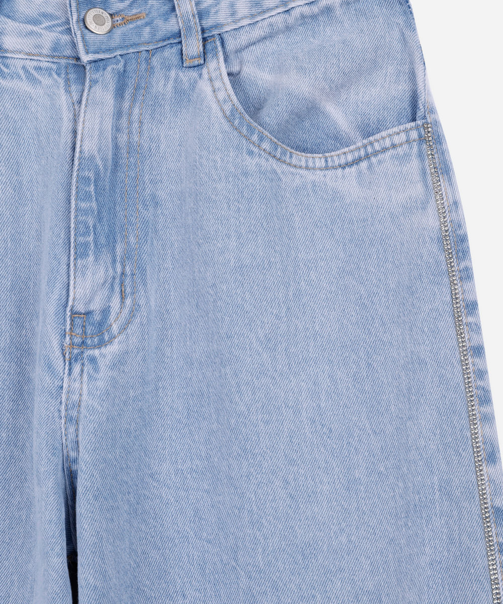 calça jeans wide leg brilhos azul