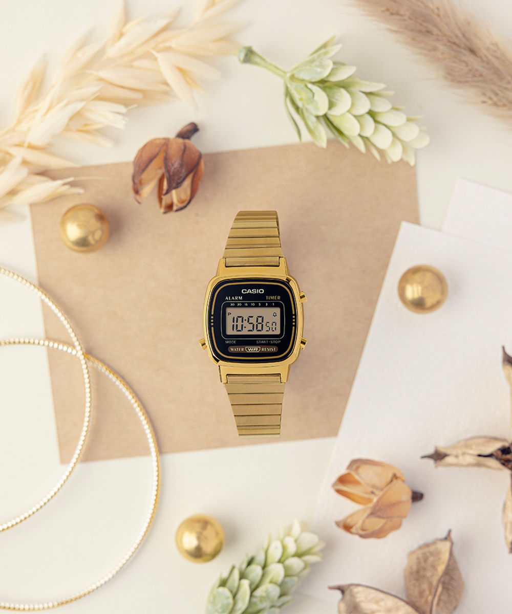 relógio feminino casio digital la670wga 1df dourado