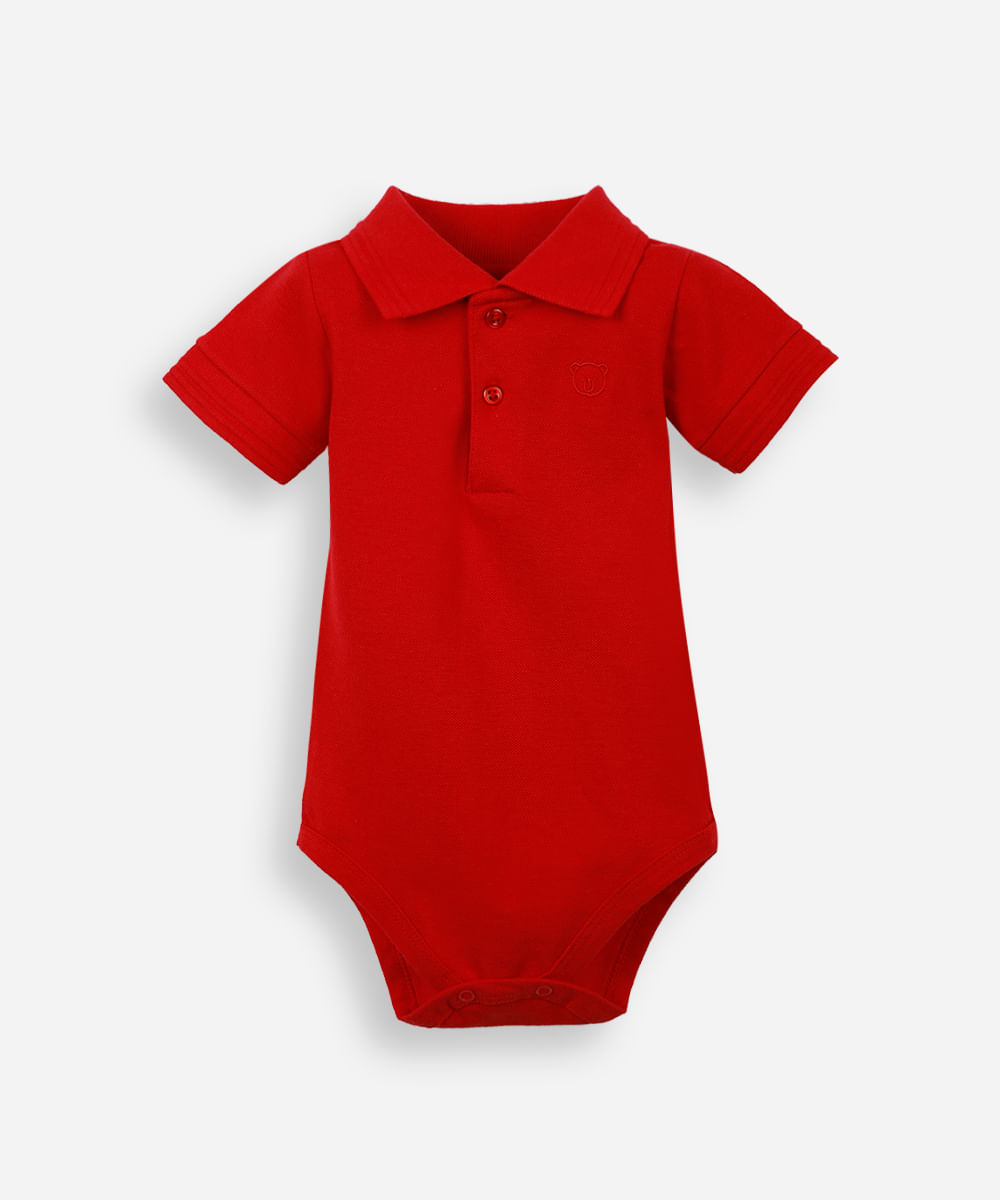 body polo infantil de algodão manga curta com bordado vermelho
