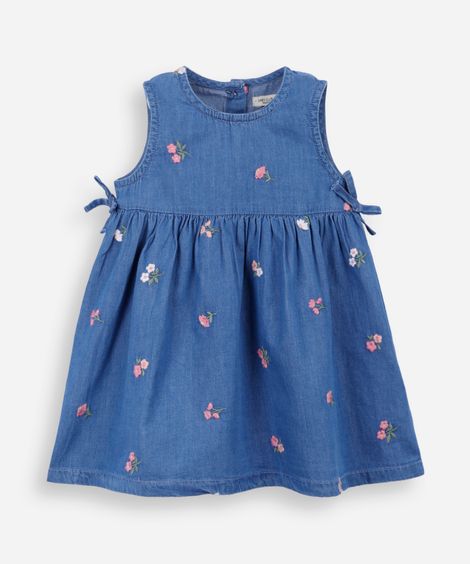 vestido infantil jeans floral azul
