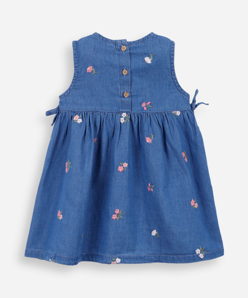 vestido infantil jeans floral azul
