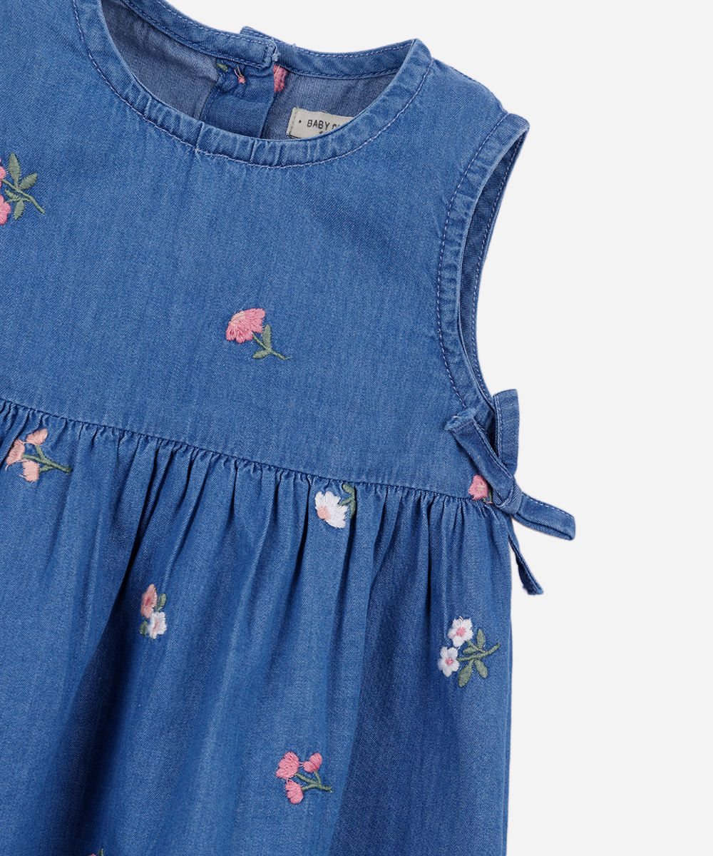vestido infantil jeans floral azul