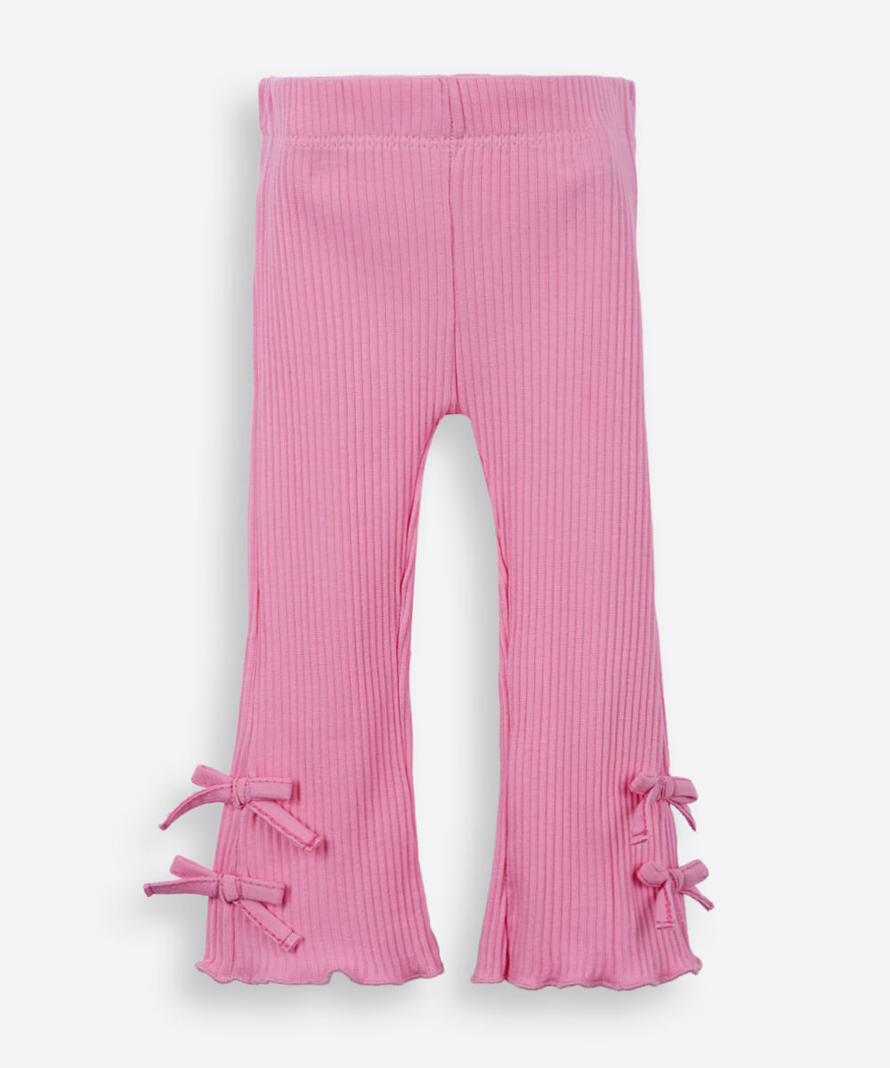 calça flare infantil de algodão com lacinho rosa