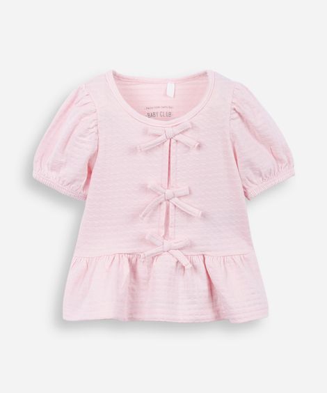 blusa de algodão infantil com lacinho texturizada rosa