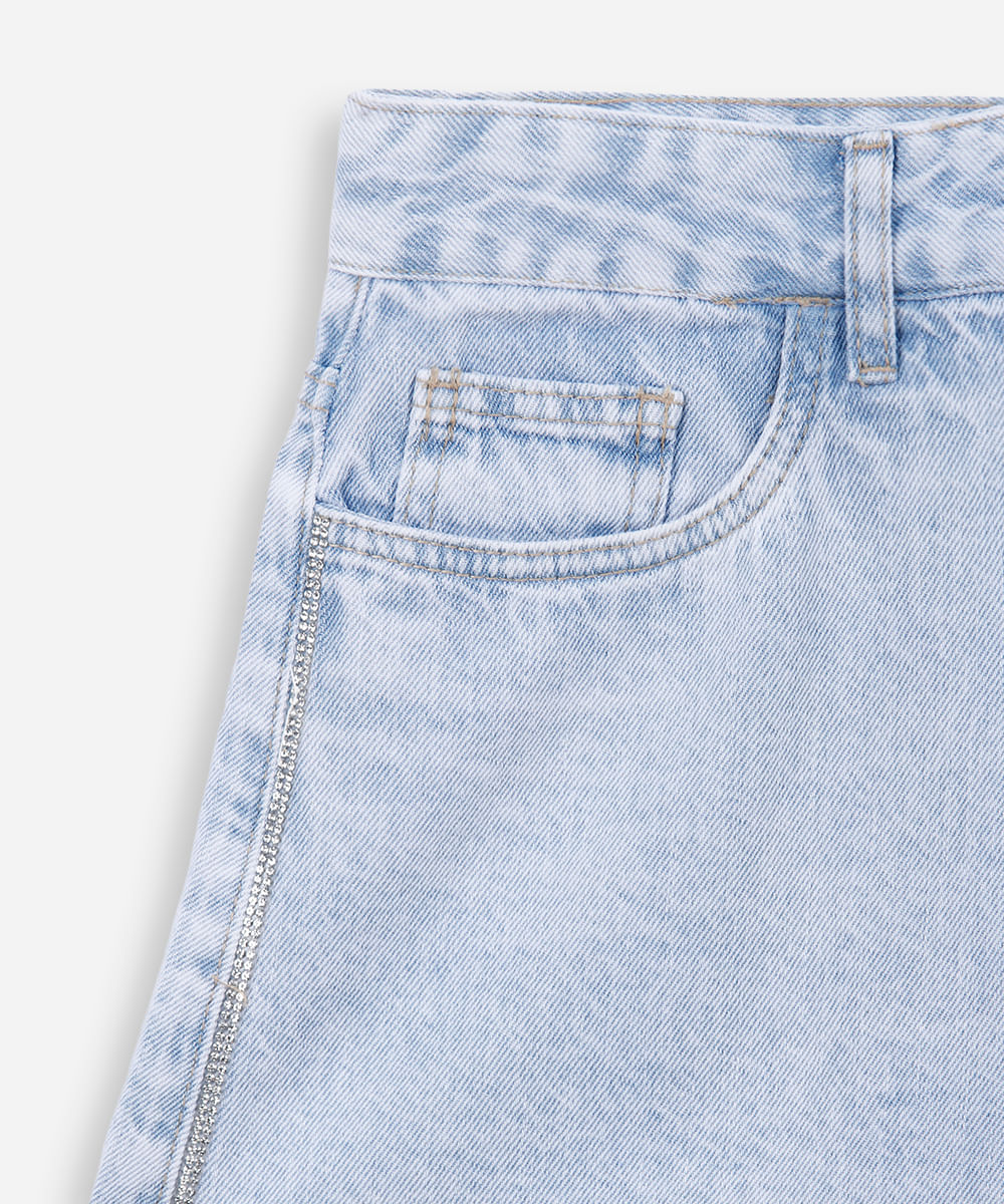 short mom juvenil jeans com brilhos azul