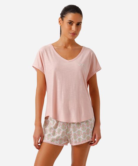 pijama short doll feminino com viscose arabescos rosa