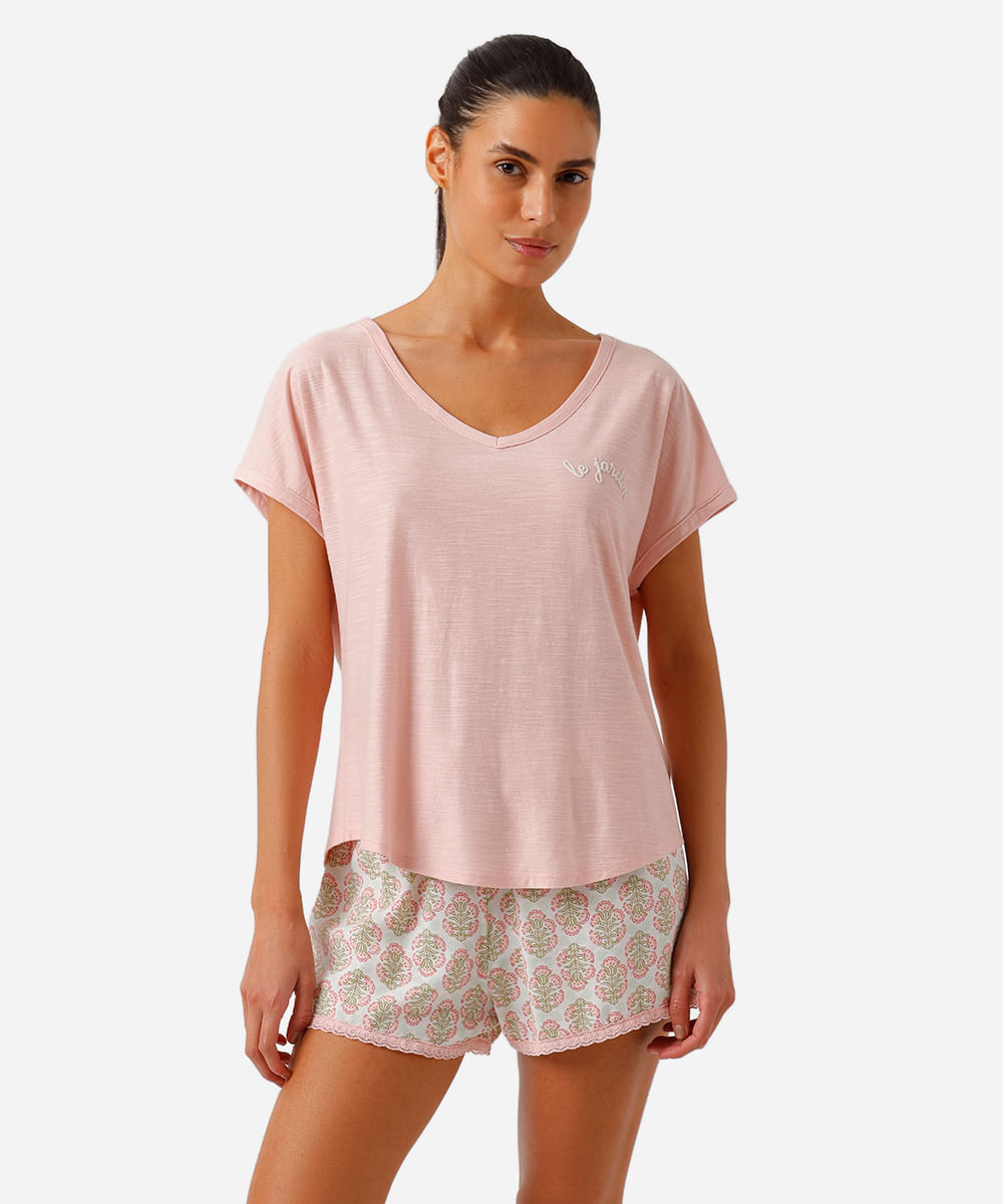 pijama short doll feminino com viscose arabescos rosa