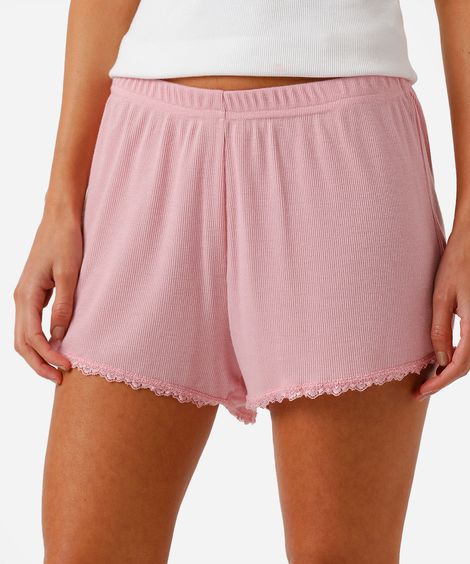 short de pijama feminino avulso com renda canelado rosa