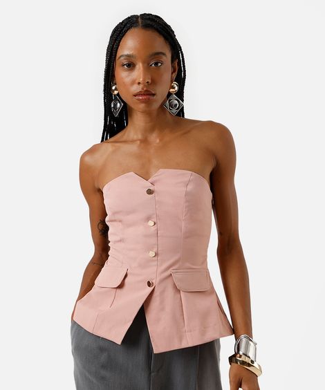 top corset feminino de alfaiataria com botão e lapela rosa