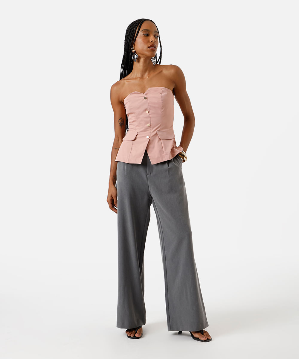 top corset feminino de alfaiataria com botão e lapela rosa