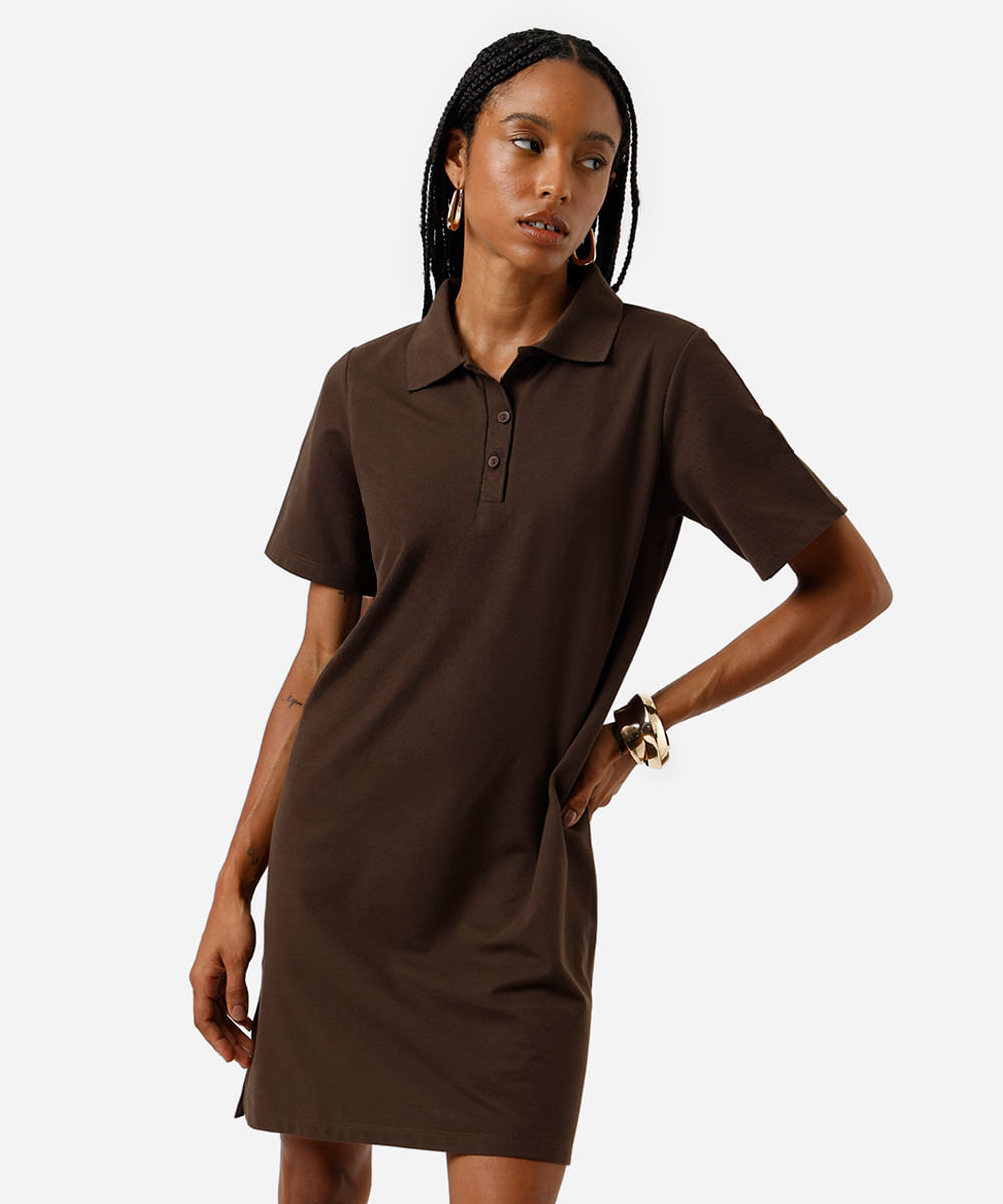 vestido polo feminino com algodão básico  marrom
