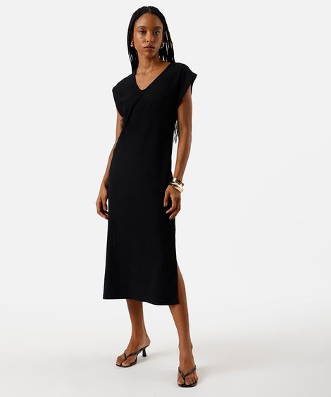 vestido midi muscle feminino com fendas texturizado básico preto