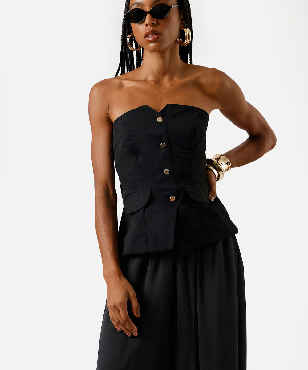 top corset feminino de alfaiataria com botão e lapela preto