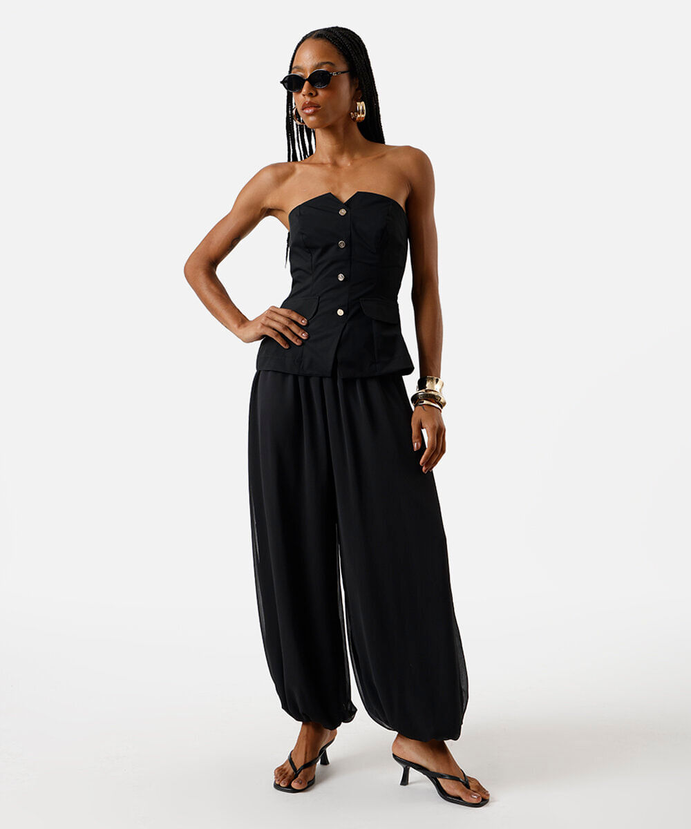 top corset feminino de alfaiataria com botão e lapela preto