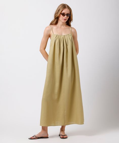 vestido midi alça fina feminino com linho e pregas mindset verde