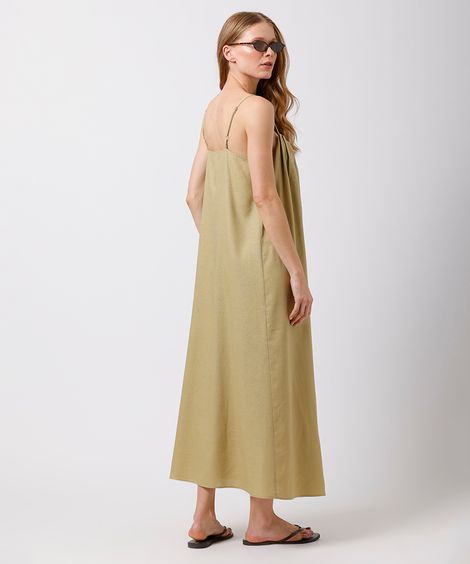 vestido midi alça fina feminino com linho e pregas mindset verde