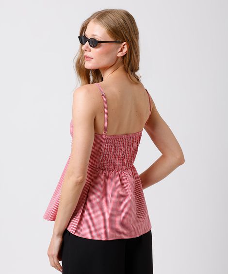 blusa peplum feminina de algodão alça fina xadrez mindset vermelha