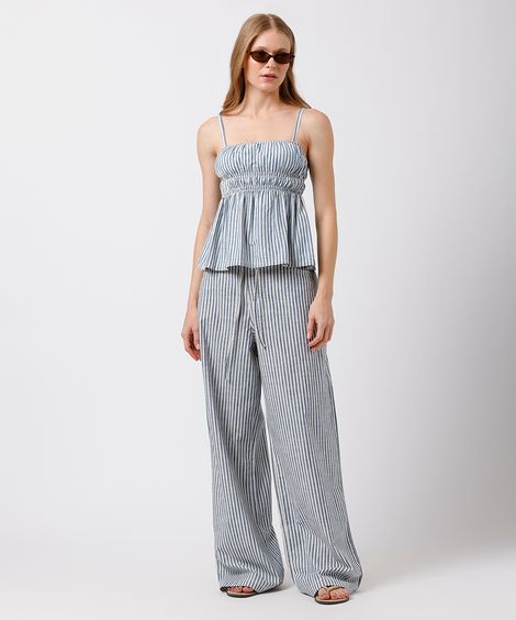 calça wide leg feminina de sarja listrada mindset azul