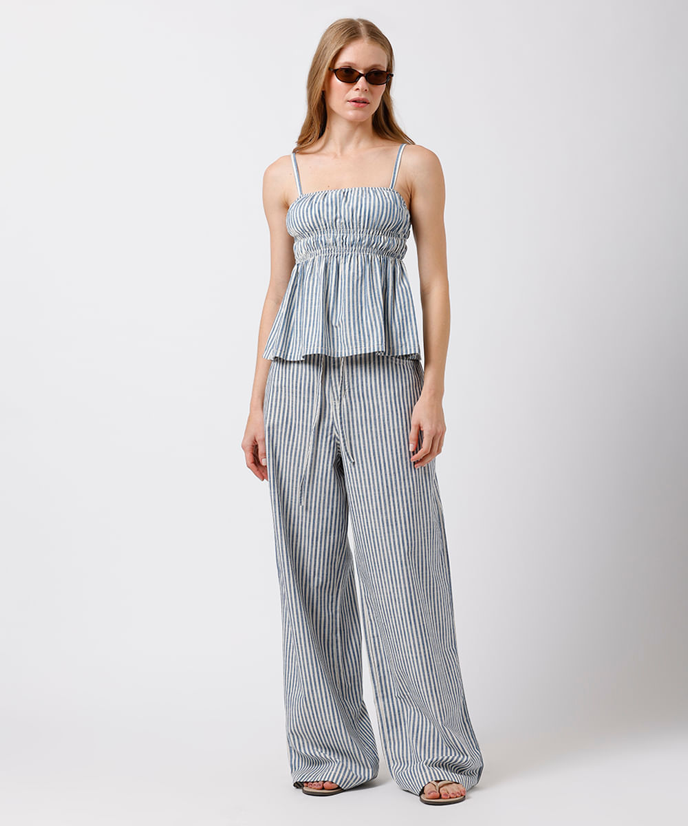 calça wide leg feminina de sarja listrada mindset azul