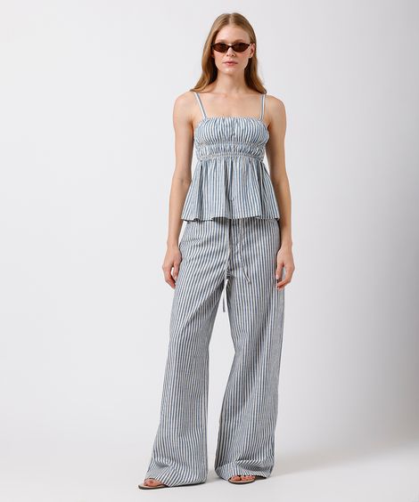 calça wide leg feminina de sarja listrada mindset azul