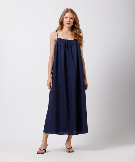 vestido midi alça fina feminino com linho e pregas mindset azul