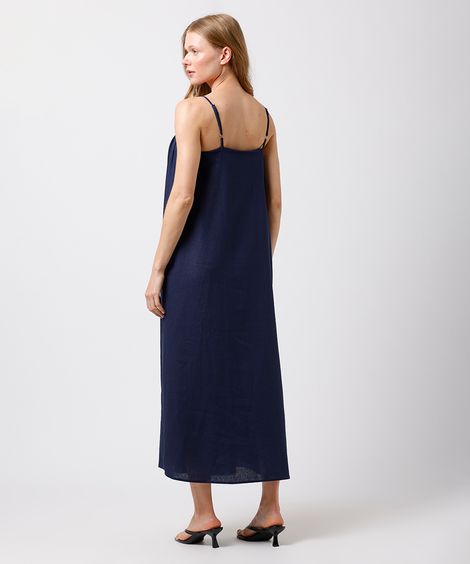 vestido midi alça fina feminino com linho e pregas mindset azul
