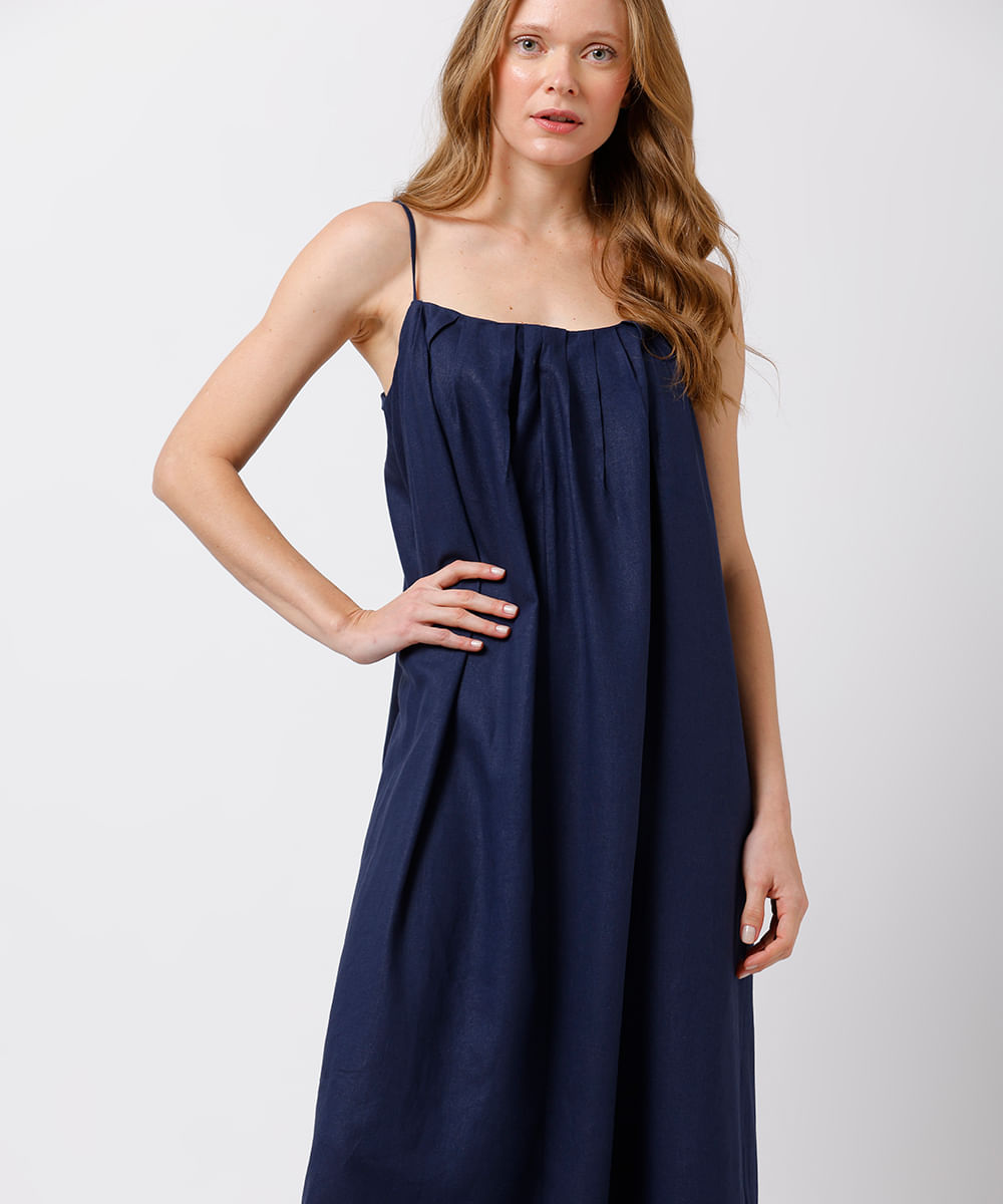 vestido midi alça fina feminino com linho e pregas mindset azul