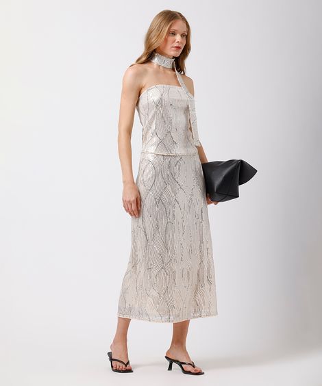 saia midi feminina de paetê mindset bege