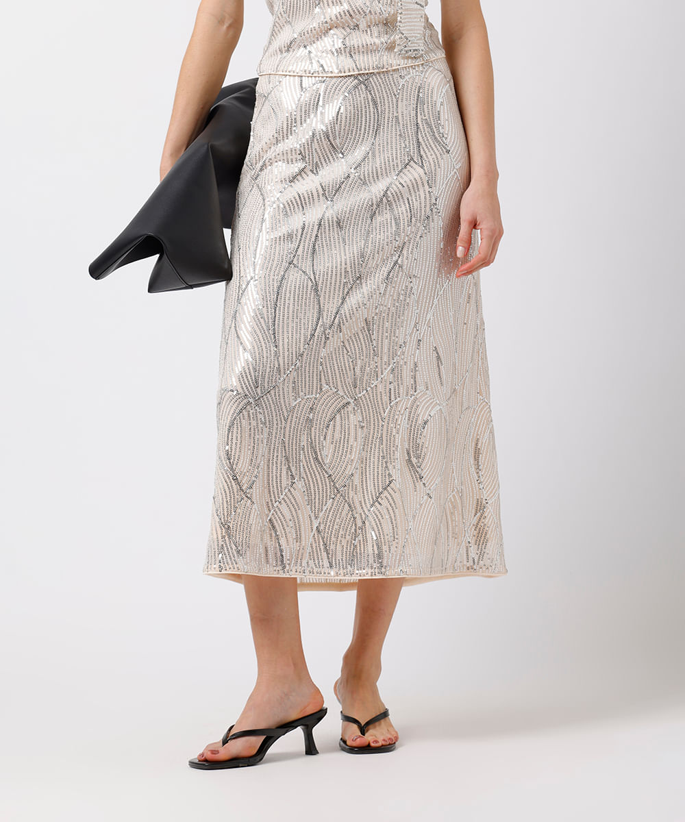 saia midi feminina de paetê mindset bege