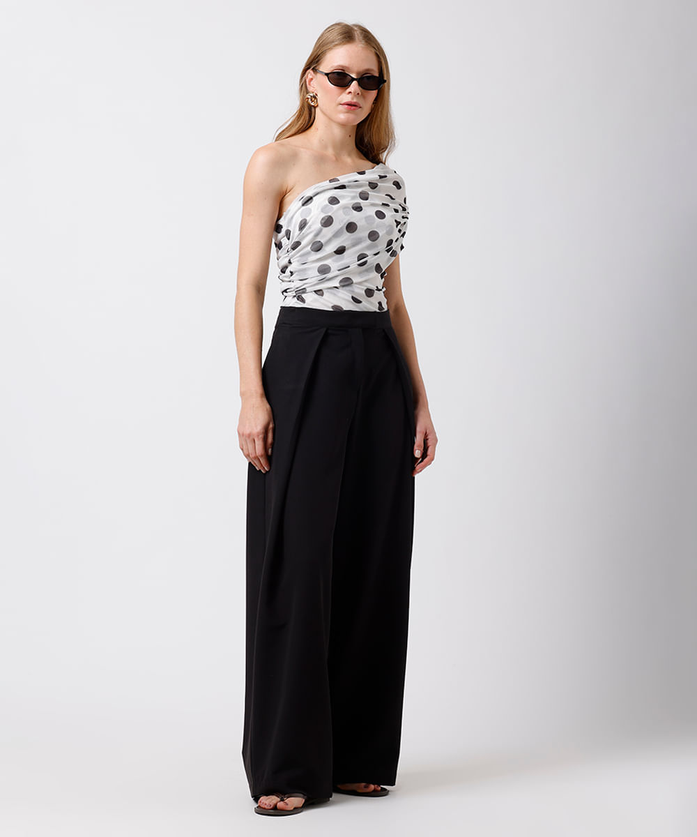 blusa ombro único feminina de tule franzida poá mindset off white