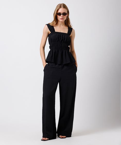 calça estilo pijama feminina texturizada cós elástico preta