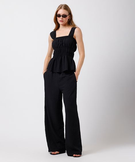 calça estilo pijama feminina texturizada cós elástico preta