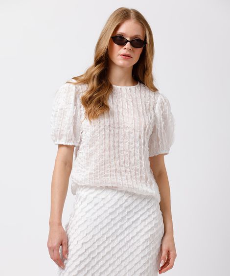 blusa feminina manga bufante com babados mindset off white